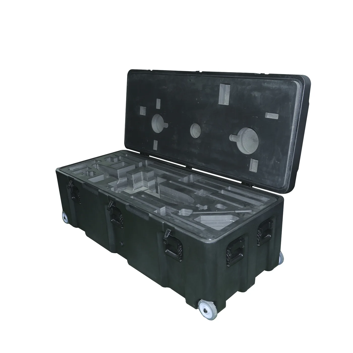 Rugged long-format composite equipment case with custom interior