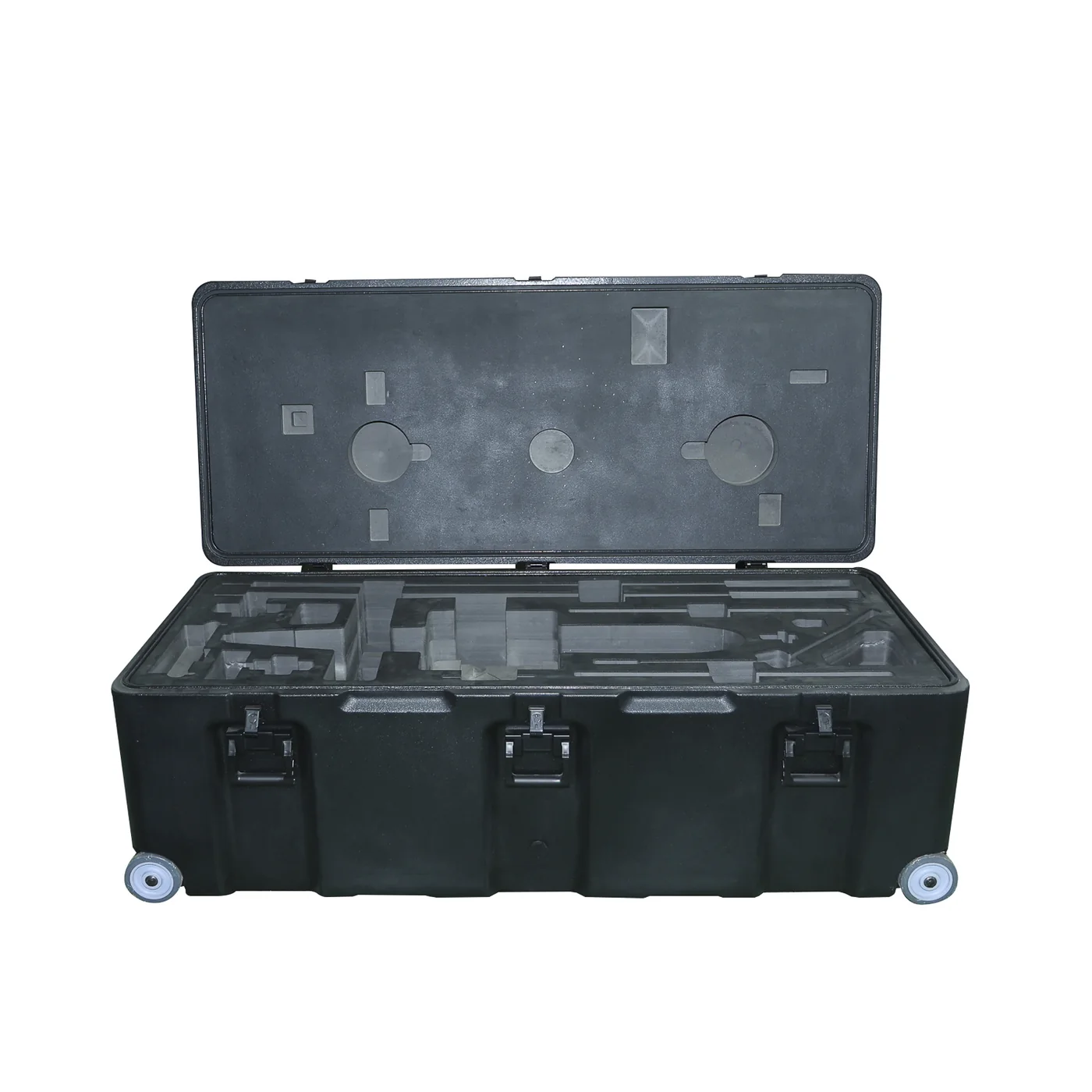 Open long black composite case with custom equipment supports and wheels